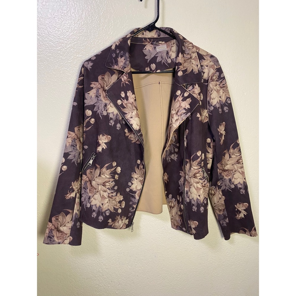 Chicos Womens Floral Faux Suede Moto Jacket Plum Tan Asymmetric Zip